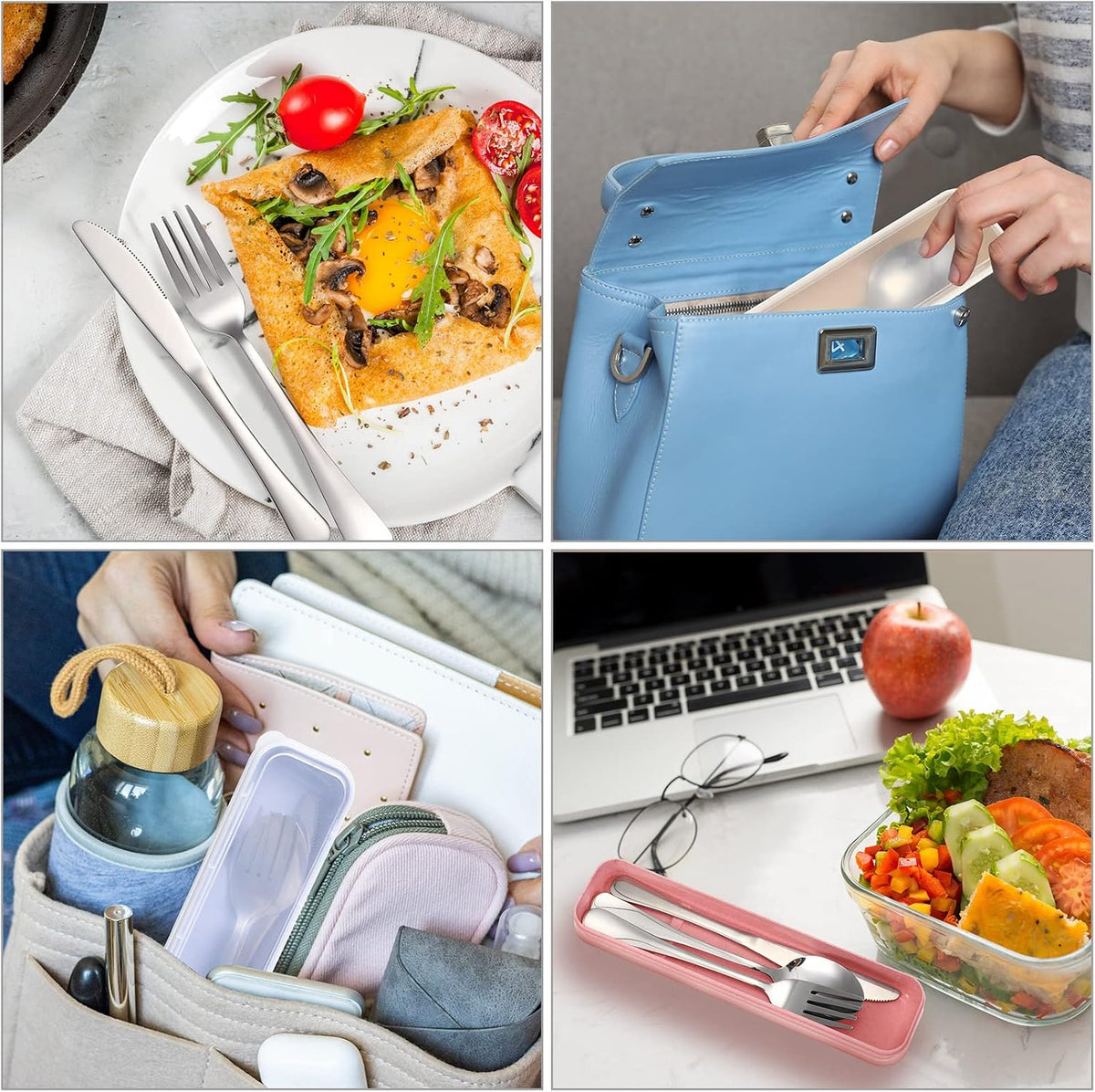 Yinkin 4 Pack Portable Travel Utensils Set with Case Reusable Stainless Steel Silverware Flatware Camping Cutlery Include Fork Spoon Knife for Work School Dishwasher Safe(White, Green, Red, Black)