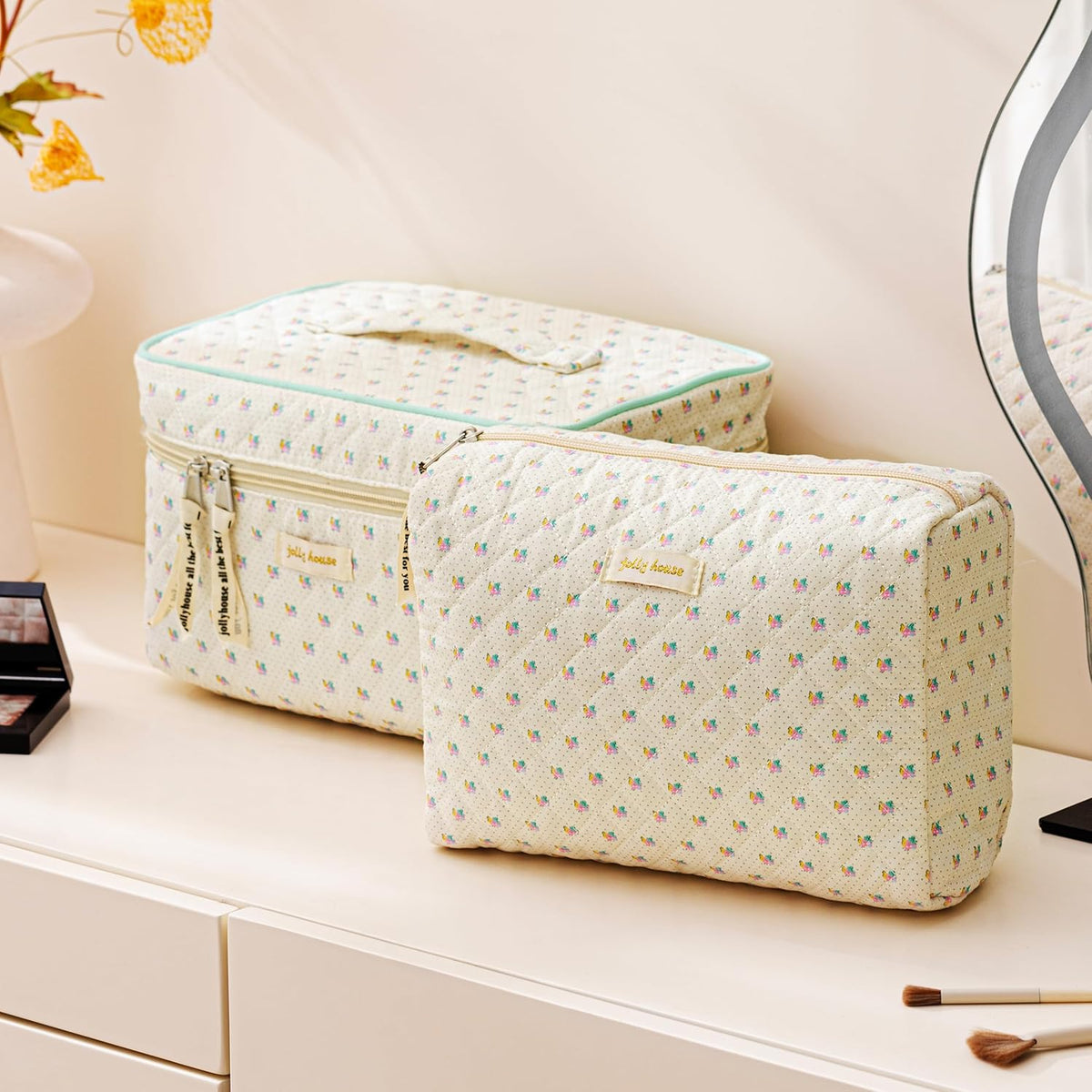 HBselect Quilted Makeup Bag, 3PCS Cotton Large Travel Makeup Bag, Cute Floral Coquette Make up Bag Cosmetic Bag Toiletry Bag for Women Girls - Colors A
