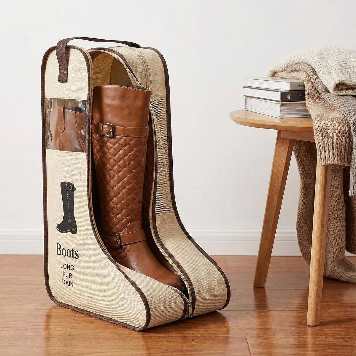 4 Pcs Premium Boot Storage Bag Set - Durable Cowboy Boot Bags for Travel, Home Organization, Dustproof & Breathable Tall Boots Protector with Handle (Black & Beige)