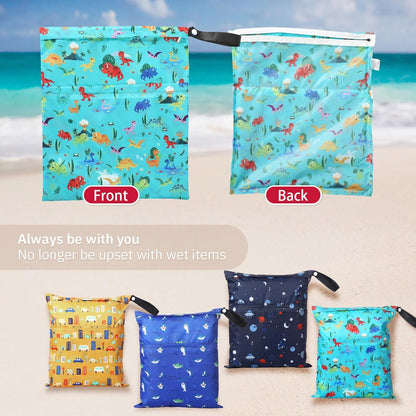 Frienda 4 Pack Wet Bags for Swimsuits, Waterproof Reusable Travel Wet Dry Bags with Zippered Pockets for Beach Pool Swimwear, Towels, Gym, Cloth Diapers, Summer Vacation Essentials(Nautical Style)