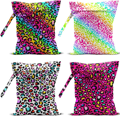 4 Pack Colorful Neon Leopard Print Wet Bag Waterproof Reusable Wet Dry Bag for Swimsuit Dirty Clothes Diaper Travel Pool Beach Yoga Gym Travel Party Birthday Christmas Toiletries Beach Essentials
