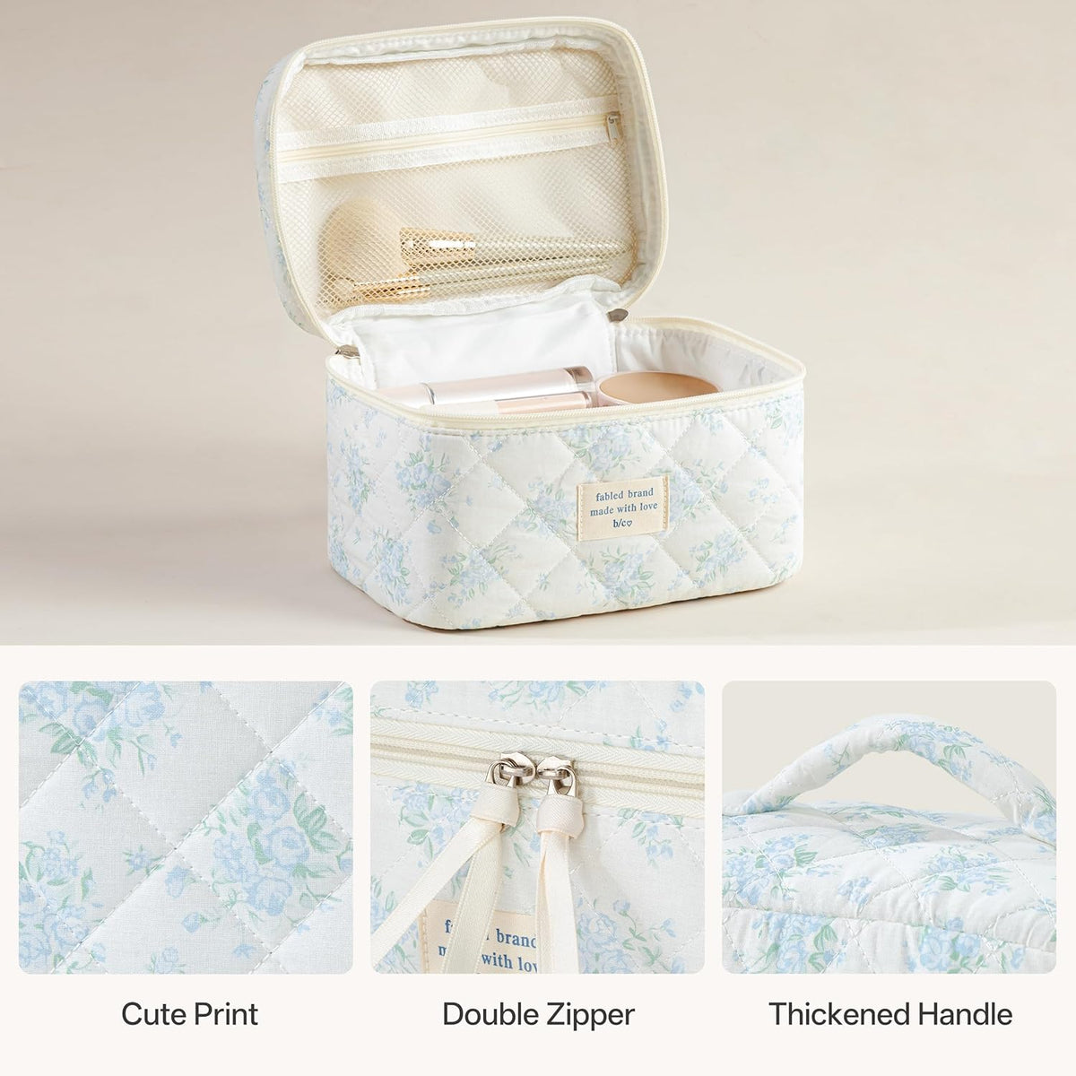 HBselect Quilted Makeup Bag, 3PCS Cotton Large Travel Makeup Bag, Cute Floral Coquette Make up Bag Cosmetic Bag Toiletry Bag for Women Girls - Colors B