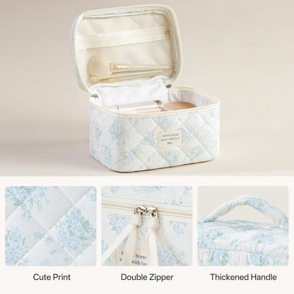 HBselect Quilted Makeup Bag, 3PCS Cotton Large Travel Makeup Bag, Cute Floral Coquette Make up Bag Cosmetic Bag Toiletry Bag for Women Girls - Colors B