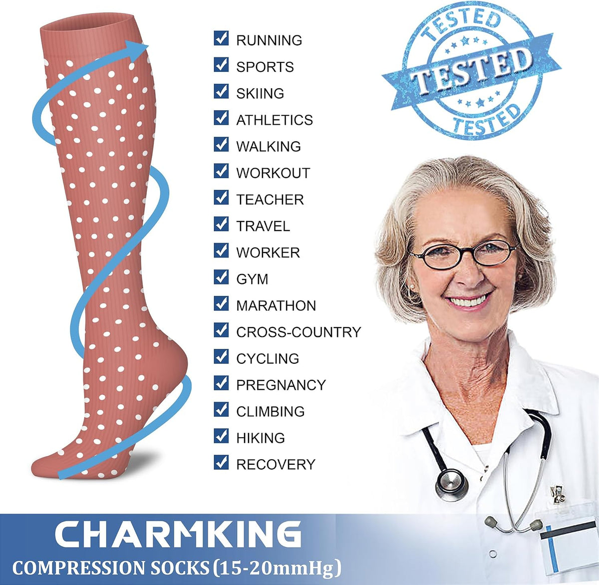 CHARMKING Compression Socks for Women & Men Circulation (8 Pairs) 15-20 mmHg Best Calf Socks Support for Athletic Cycling - Colors A