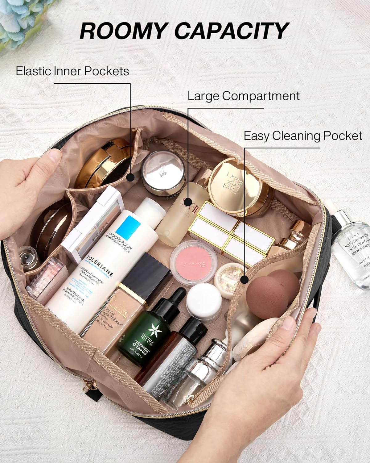 BAGSMART Travel Makeup Bag for Women, Portable Water-resistant Cosmetic Case, Puffy Padded Make Up Organizer Pouch, Open Flat Toiletry Bag for Toiletries, Brushes, Black