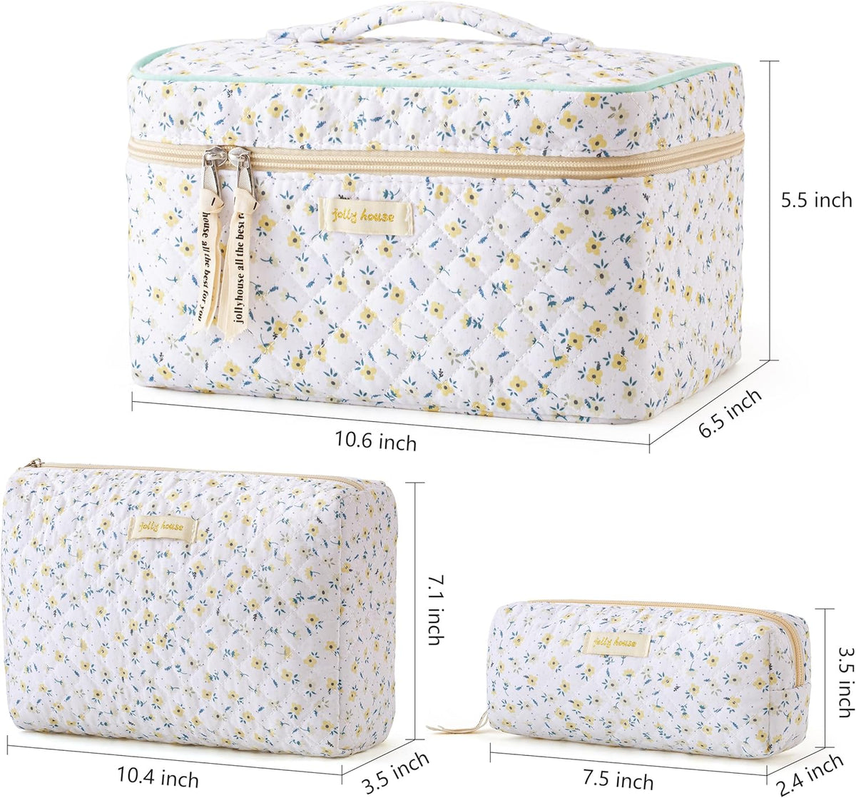 HBselect Quilted Makeup Bag, 3PCS Cotton Large Travel Makeup Bag, Cute Floral Coquette Make up Bag Cosmetic Bag Toiletry Bag for Women Girls - Colors A