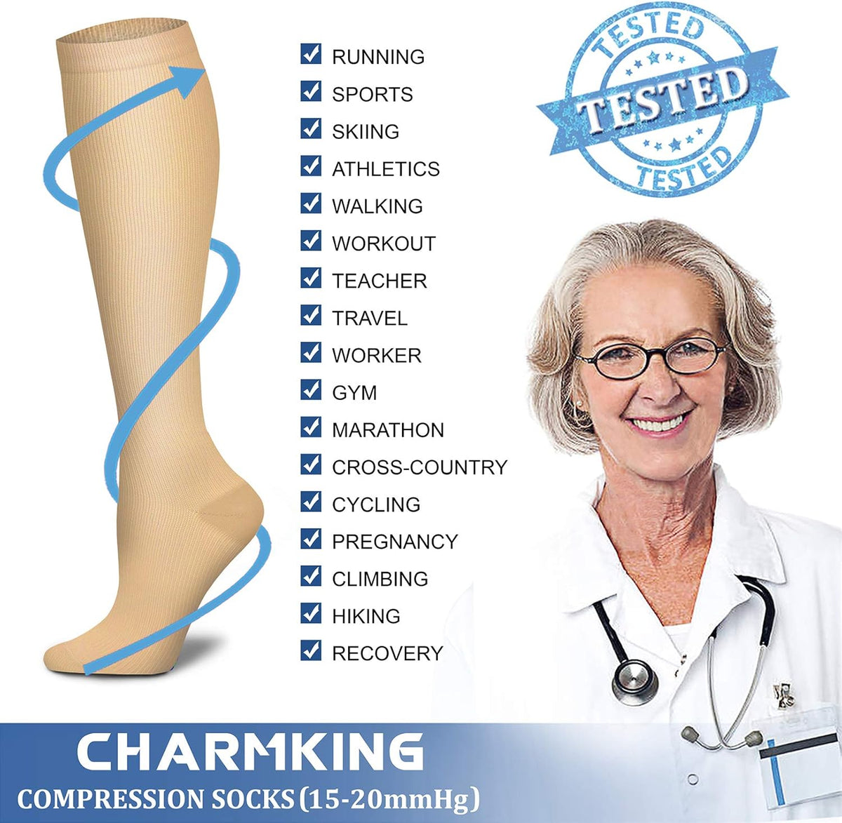 CHARMKING Compression Socks for Women & Men Circulation (3 Pairs) 15-20 mmHg is Best Support for Athletic Running Cycling