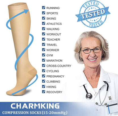 CHARMKING Compression Socks for Women & Men Circulation (3 Pairs) 15-20 mmHg is Best Support for Athletic Running Cycling
