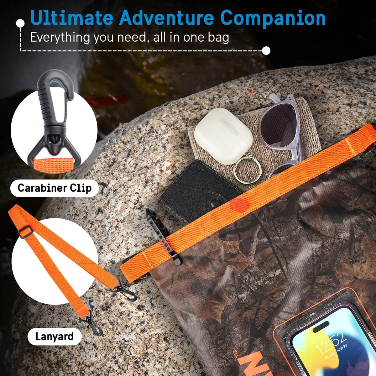 Pelican Marine IP68 Waterproof Dry Bag 2L - Roll Top Waterproof Backpack w/Phone Case/Pouch - Boating & Kayak Accessories - Essentials for Camping Swimming Beach Fishing Rafting Travel - Black/Yellow
