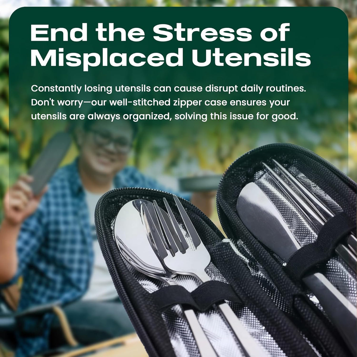 Taplord Portable Travel Silverware Set With Case, Includes of Travel Utensils With Case, Stainless Steel Flatware Set For Camping, Lightweight (Black)