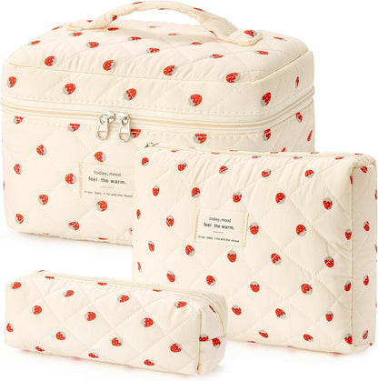 HBselect Quilted Makeup Bag, 3PCS Cotton Large Travel Makeup Bag, Cute Floral Coquette Make up Bag Cosmetic Bag Toiletry Bag for Women Girls - Colors B
