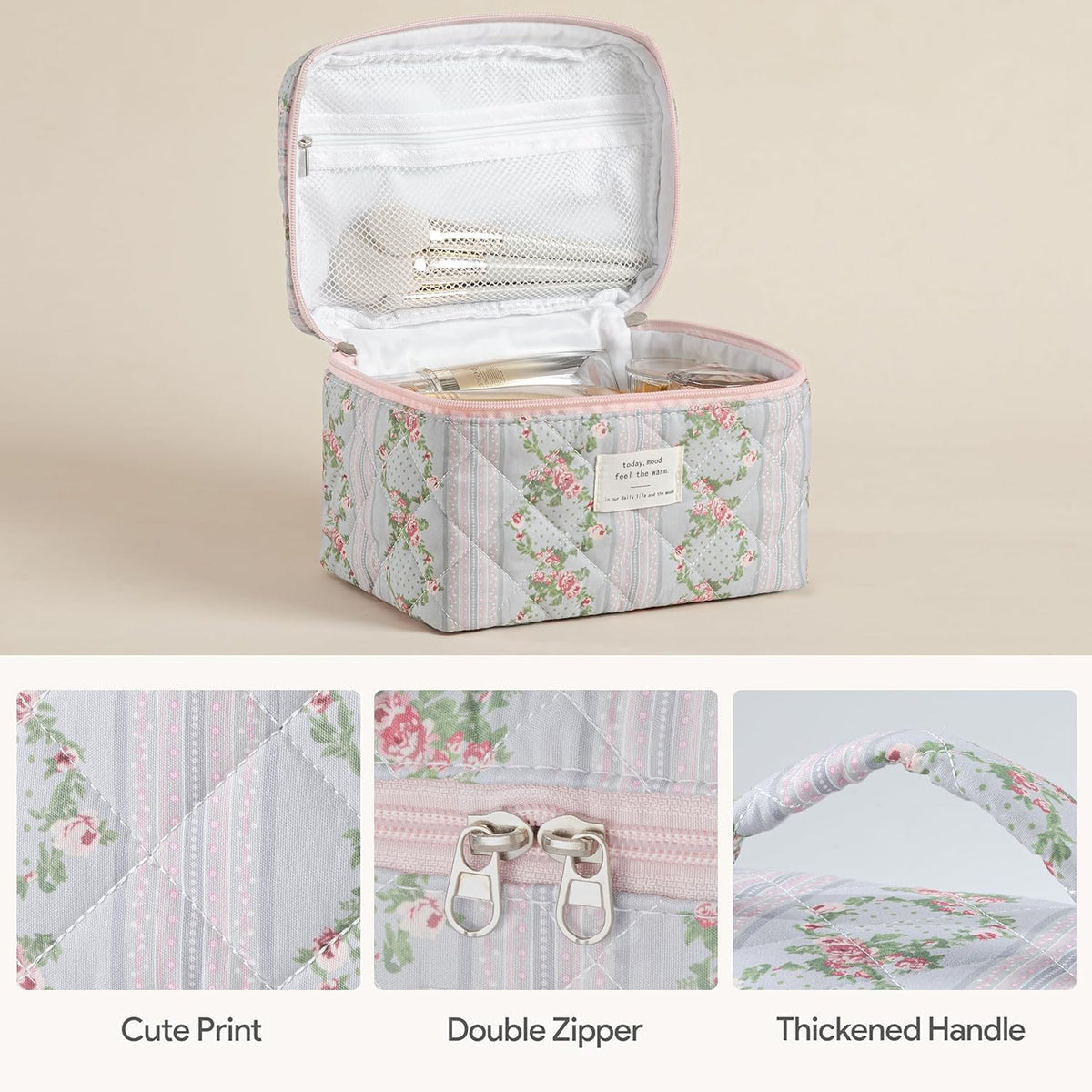 HBselect Quilted Makeup Bag, 3PCS Cotton Large Travel Makeup Bag, Cute Floral Coquette Make up Bag Cosmetic Bag Toiletry Bag for Women Girls - Colors B