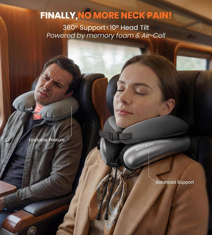 Neck Pillow for Traveling, Travel Pillows for Airplanes, Adjustable Neck Pillow Airplane Travel Essentials - 2 Layer Patented | Inflatable Air Loop & Memory Foam for 360° Ergonomic Support