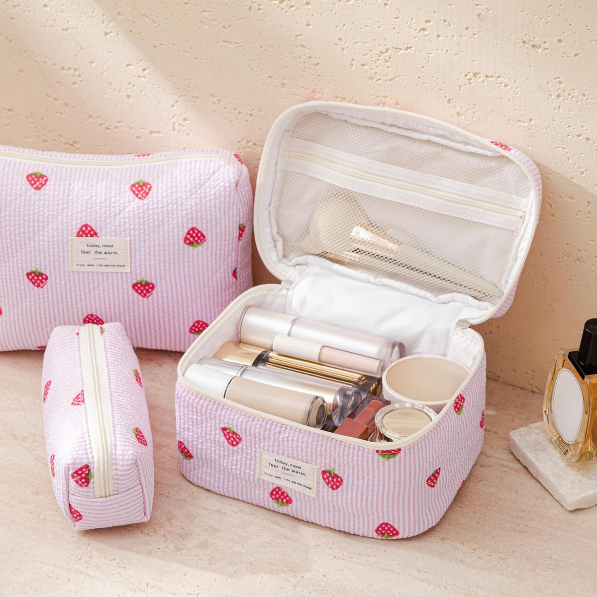 HBselect Quilted Makeup Bag, 3PCS Cotton Large Travel Makeup Bag, Cute Floral Coquette Make up Bag Cosmetic Bag Toiletry Bag for Women Girls - Colors B