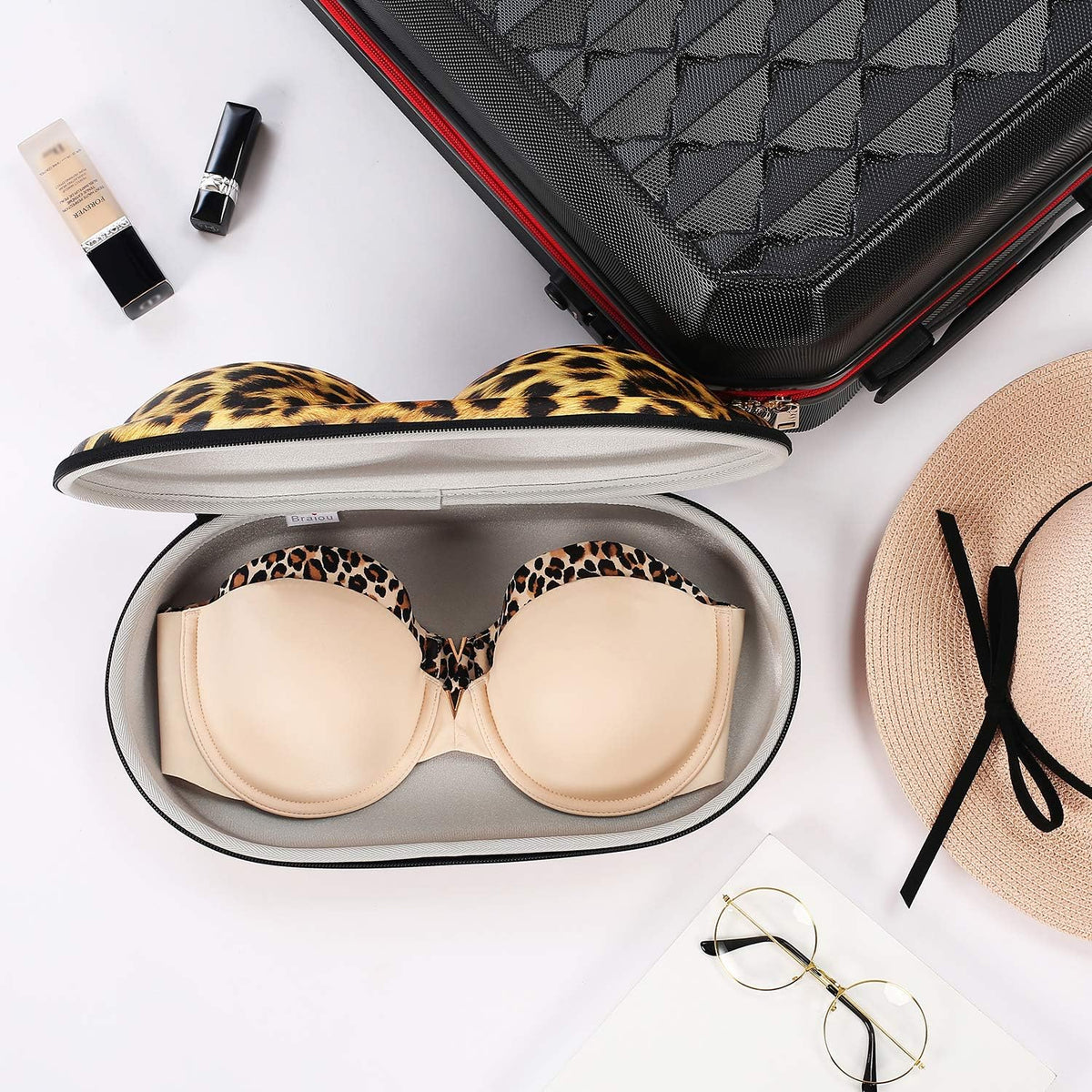 Premium Bra Case Braiou Lingerie Travel Bag Zip Underwear Organizer Bag for A-DD Cup [Leopard Print] (Light Yellow)