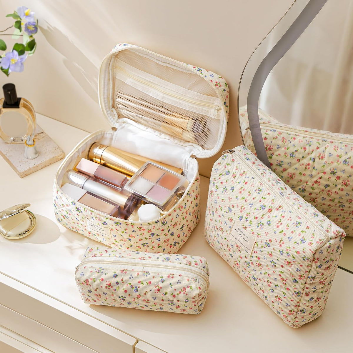 HBselect Quilted Makeup Bag, 3PCS Cotton Large Travel Makeup Bag, Cute Floral Coquette Make up Bag Cosmetic Bag Toiletry Bag for Women Girls - Colors B