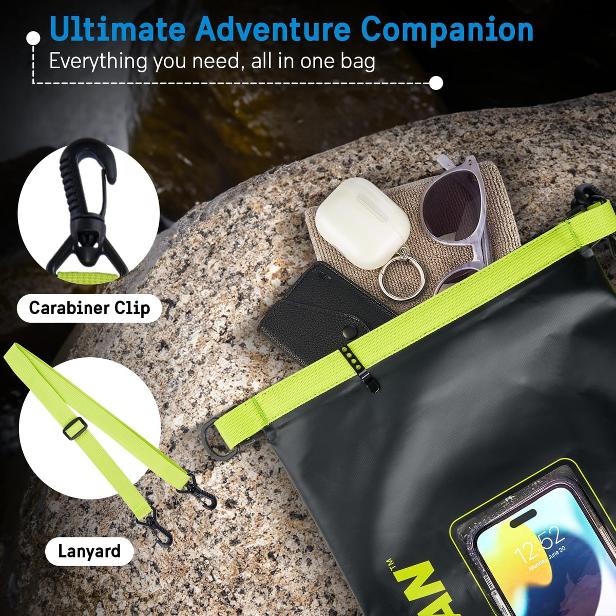 Pelican Marine IP68 Waterproof Dry Bag 2L - Roll Top Waterproof Backpack w/Phone Case/Pouch - Boating & Kayak Accessories - Essentials for Camping Swimming Beach Fishing Rafting Travel - Black/Yellow