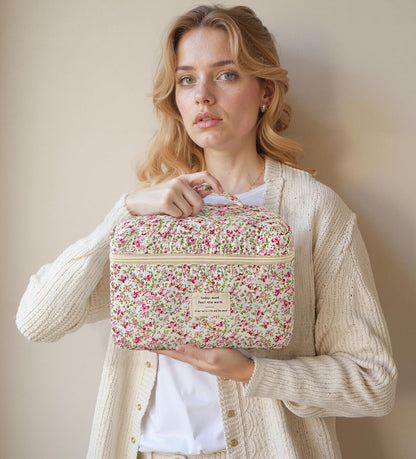 HBselect Quilted Makeup Bag, 3PCS Cotton Large Travel Makeup Bag, Cute Floral Coquette Make up Bag Cosmetic Bag Toiletry Bag for Women Girls - Colors B