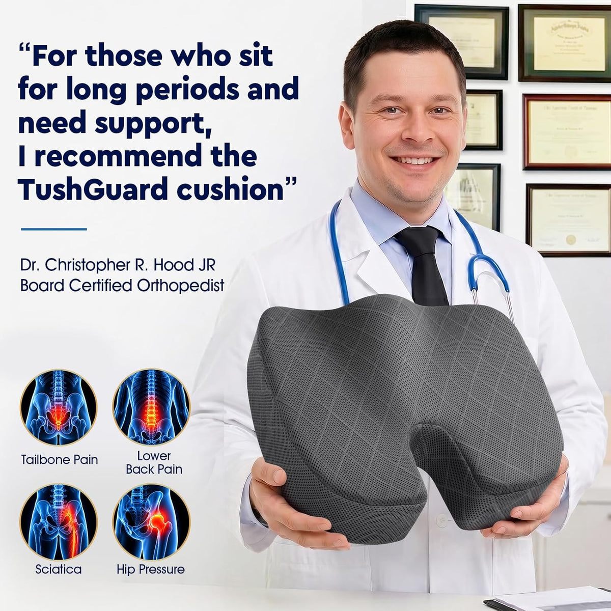 TushGuard Seat Cushion, Memory Foam Office Chair Cushion - Grey, Large