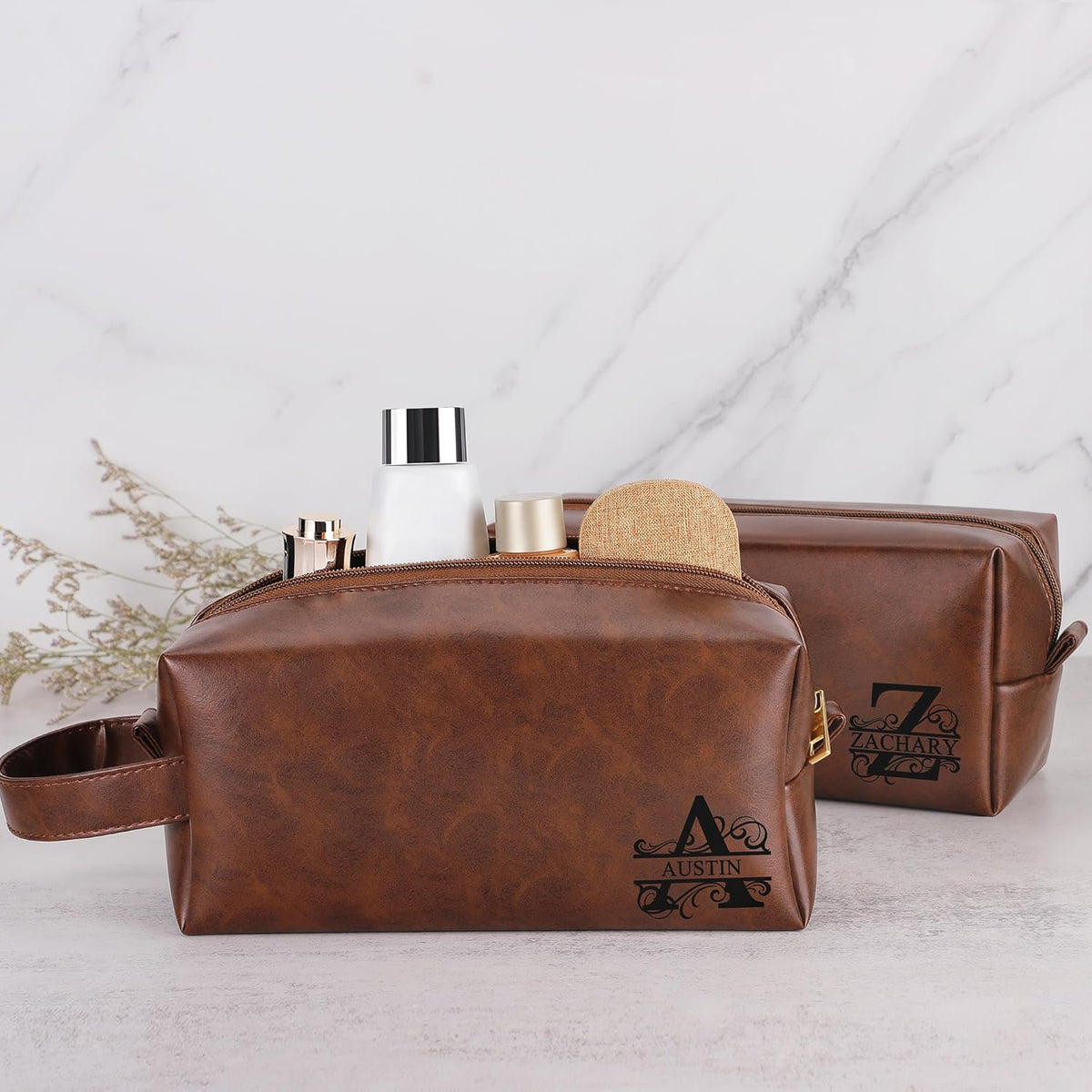 Mens Toiletry Travel Bag Initial M, Personalized Leather Toiletry Bag for Men, Anniversary Christmas Valentines Fathers Day Birthday Gifts for Husband Dad Grandpa Brother - Colors B