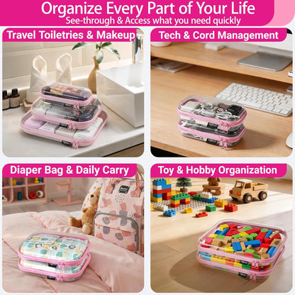 YQBRAO 3 Pack Clear Hard Shell Zipper Case,Rigid Protection Diaper Bag Organizer Pouches, TSA Approved Toiletry Bag with YKK Zippers for Cosmetics, Toys & Electronics