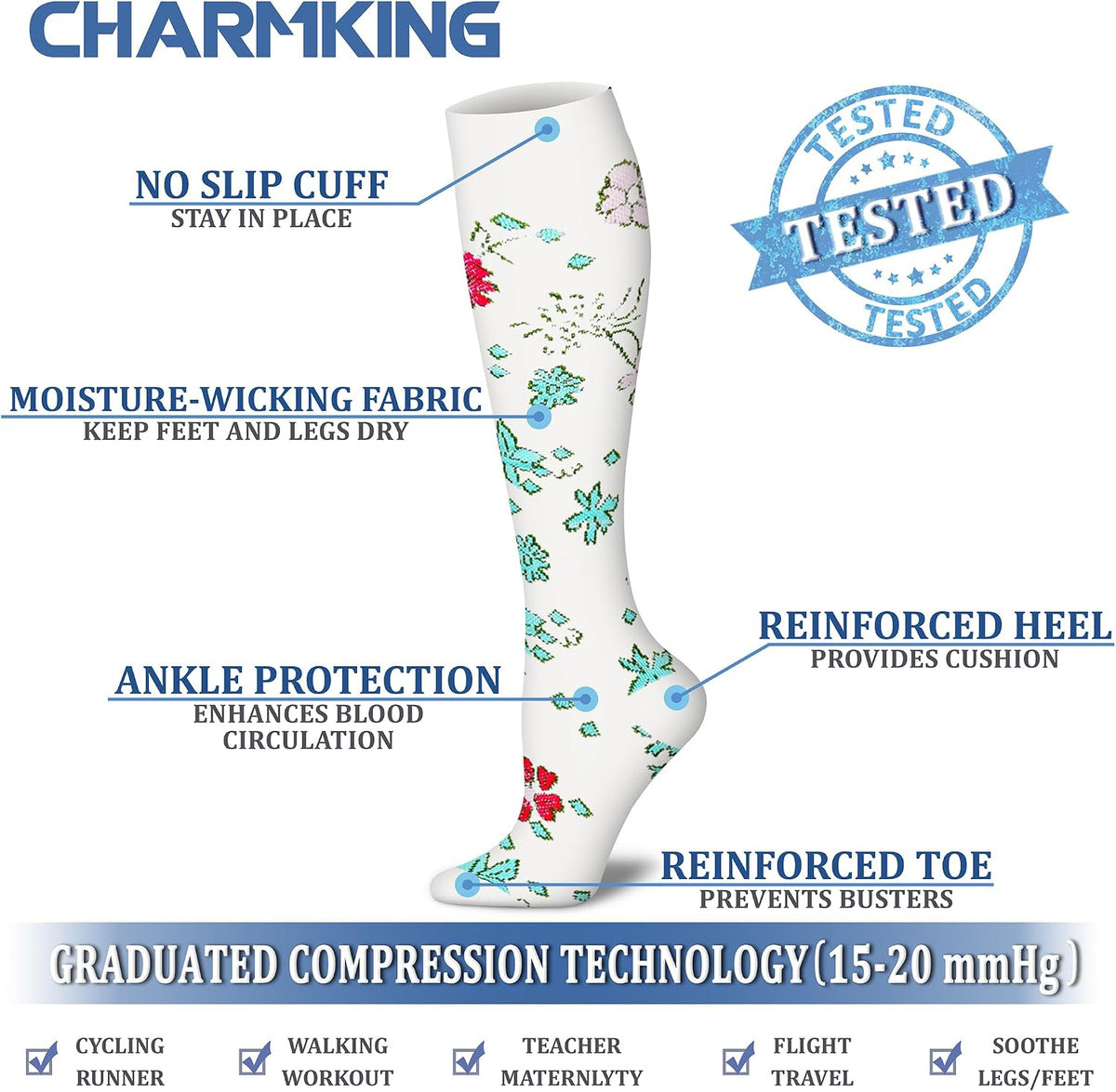 CHARMKING Compression Socks for Women & Men Circulation (8 Pairs) 15-20 mmHg Best Calf Socks Support for Athletic Cycling - Colors A