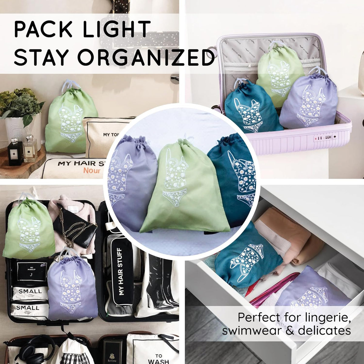 Lingerie Bag for Travel Set of 3, Women Lingerie Storage Bags with Drawstrings, Double-Layered Polyester Beach Bags for Swimwear, Underwear & Storage, 15x15 Inches (Green-Gray-Teal)