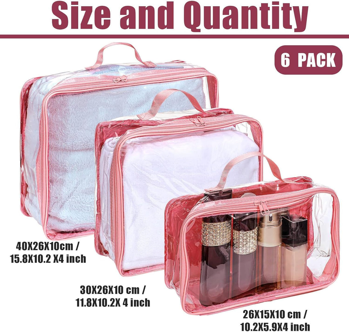 Hillban 6 Pcs Black Large Clear Travel Packing Cube 3 Sizes See Through PVC Organizer for Suitcase Multipurpose Pouch with Handle Vinyl Zippered Storage Bags Luggage Cube Organizer
