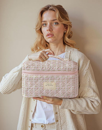 HBselect Quilted Makeup Bag, 3PCS Cotton Large Travel Makeup Bag, Cute Floral Coquette Make up Bag Cosmetic Bag Toiletry Bag for Women Girls - Colors A