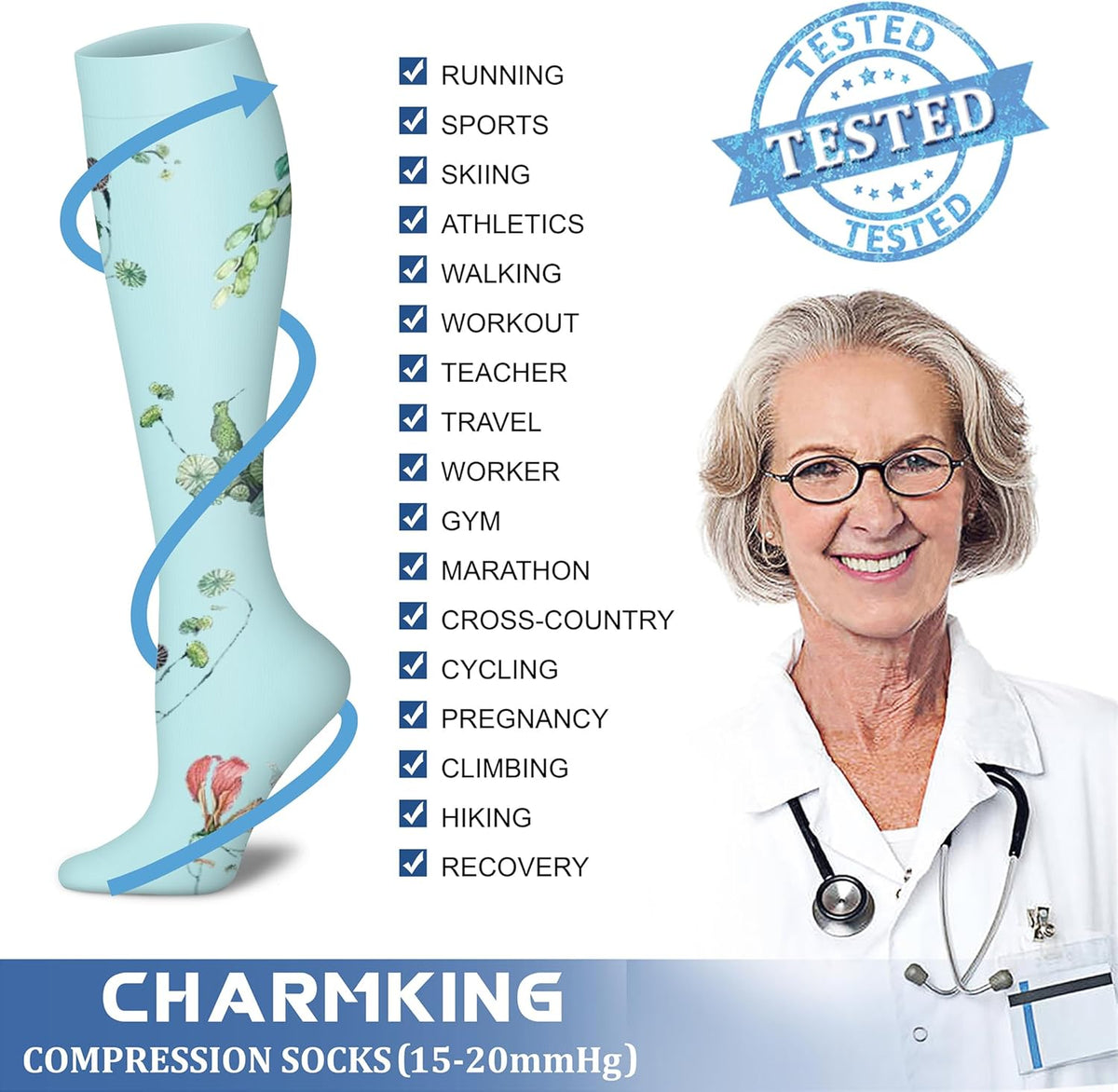CHARMKING Compression Socks for Women & Men Circulation (8 Pairs) 15-20 mmHg Best Calf Socks Support for Athletic Cycling - Colors A
