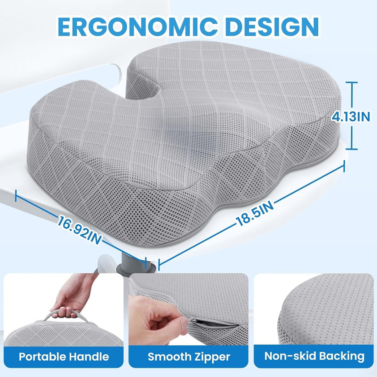 TushGuard Seat Cushion, Memory Foam Office Chair Cushion - Grey, Large