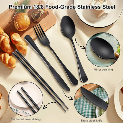 Reusable Travel Utensils Set with Case, Premium Stainless Steel Flatware, Portable Silverware for Lunch, Camping, Picnic, Travel Fork and Spoon Set, To Go Utensils, Dishwasher Safe