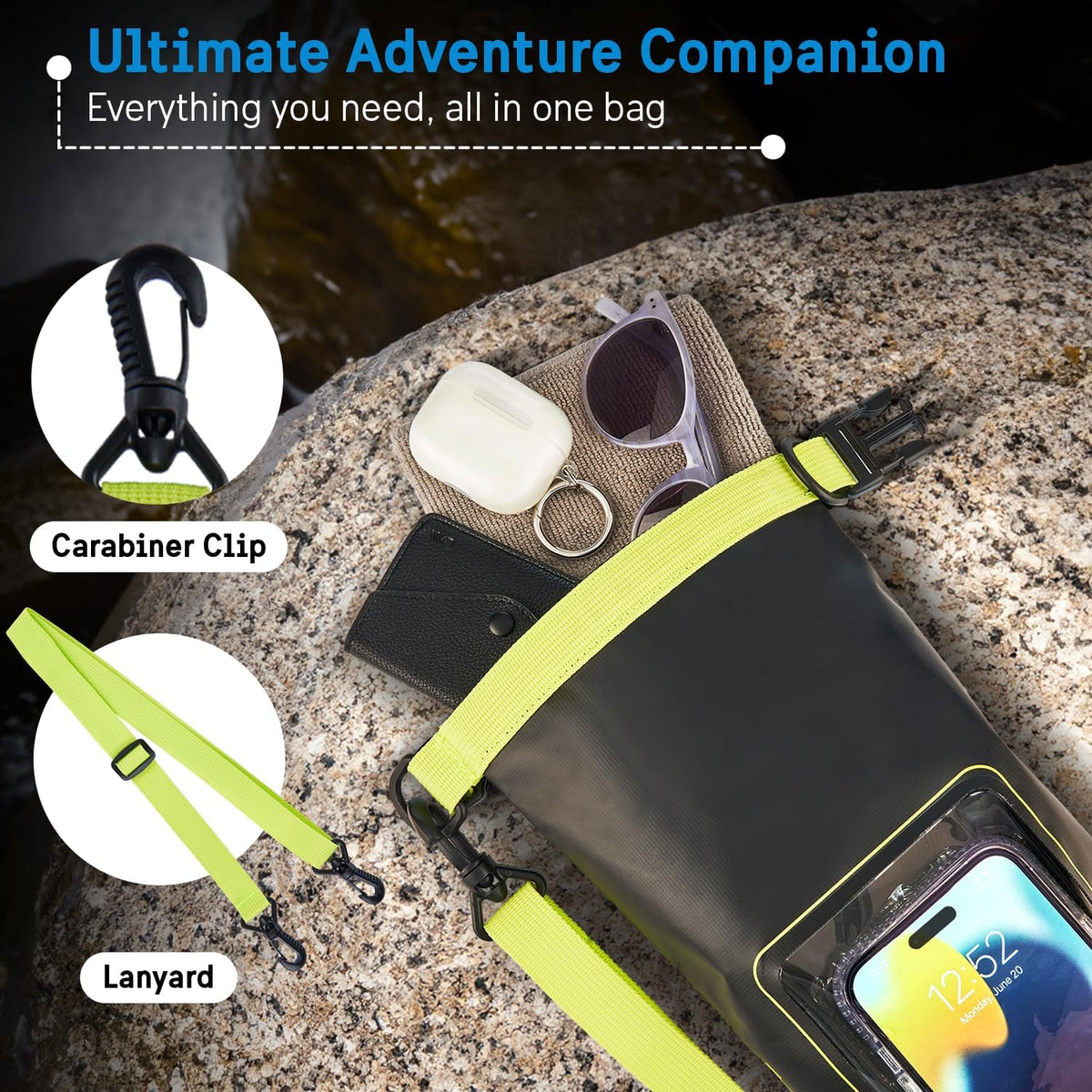 Pelican Marine IP68 Waterproof Dry Bag 2L - Roll Top Waterproof Backpack w/Phone Case/Pouch - Boating & Kayak Accessories - Essentials for Camping Swimming Beach Fishing Rafting Travel - Black/Yellow