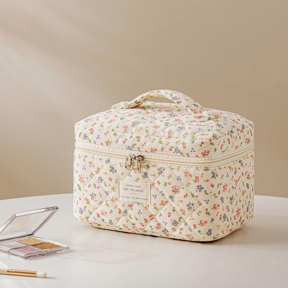 HBselect Quilted Makeup Bag, 3PCS Cotton Large Travel Makeup Bag, Cute Floral Coquette Make up Bag Cosmetic Bag Toiletry Bag for Women Girls - Colors B