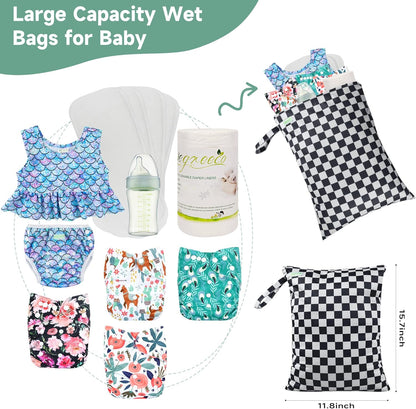wegreeco Wet Dry Bag for Baby Swimsuit, Small Wet Dry Bag for Clothes Diaper and Breast Pump Parts, Large Baby bag for Travel,Gym Clothes,Beach,Pool,Extra Clothes (Chrysanthemum,2 Pack)