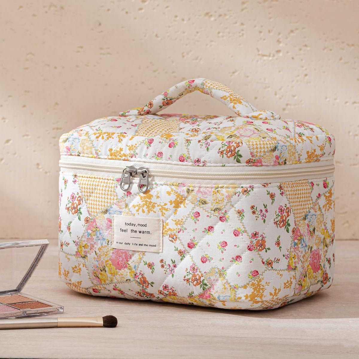 HBselect Quilted Makeup Bag, 3PCS Cotton Large Travel Makeup Bag, Cute Floral Coquette Make up Bag Cosmetic Bag Toiletry Bag for Women Girls - Colors A