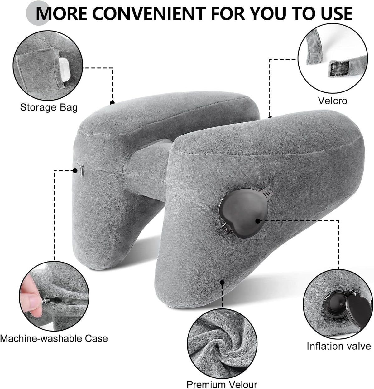Sunany Travel Neck Pillow for Airplane Pillow Comfortably Supports Head, Neck and Chin, Inflatable Travel Pillow with Soft Velour Cover and Portable Drawstring Bag (Black, H-Shape)