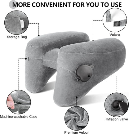Sunany Travel Neck Pillow for Airplane Pillow Comfortably Supports Head, Neck and Chin, Inflatable Travel Pillow with Soft Velour Cover and Portable Drawstring Bag (Black, H-Shape)