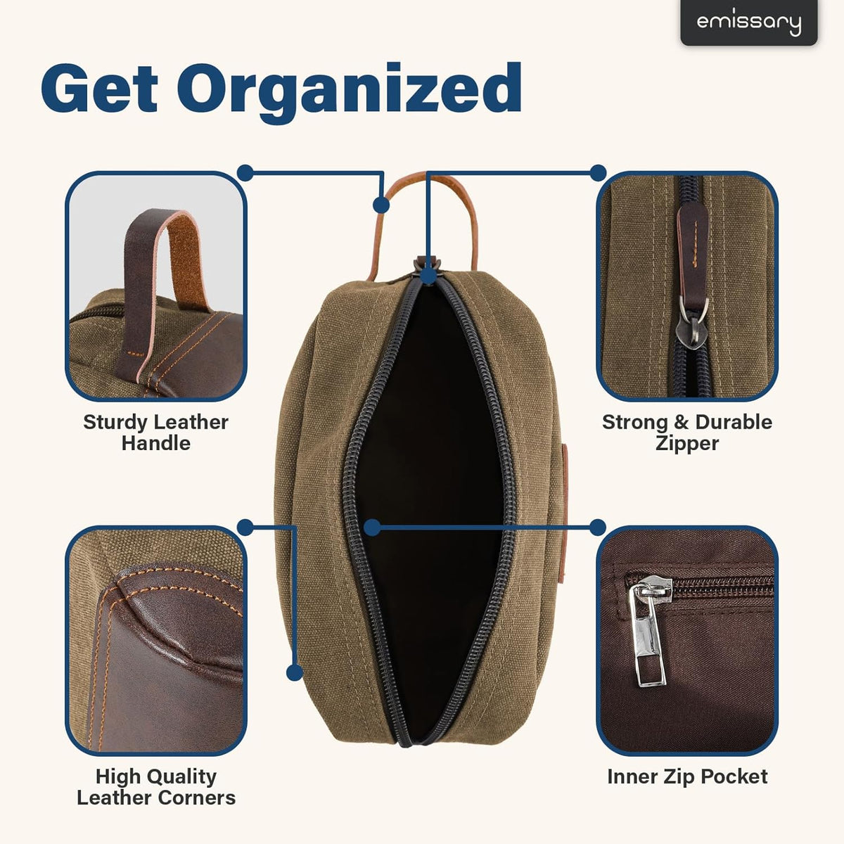 emissary Toiletry Bag for Men, Canvas Travel Toiletry Bag Men's Dopp Kit, Water-resistant Bathroom Bag Mens Shaving Kit, Travel Kit Small Bags, Shaving Bag, Toiletry Bags