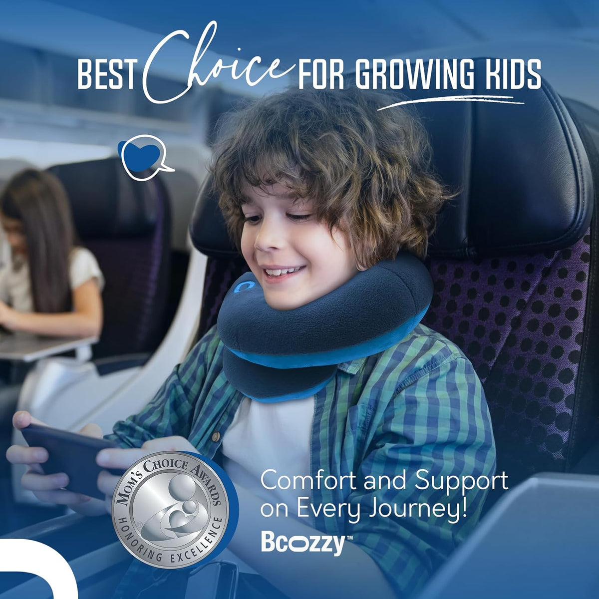 BCOZZY Travel Neck Pillow for Airplane – Patented Double Support for Head, Neck, and Chin. Best for Long Flights, Plane Sleeping, and Car Rides. Adjustable Size. Fully Washable. Carry Bag. Large, Navy