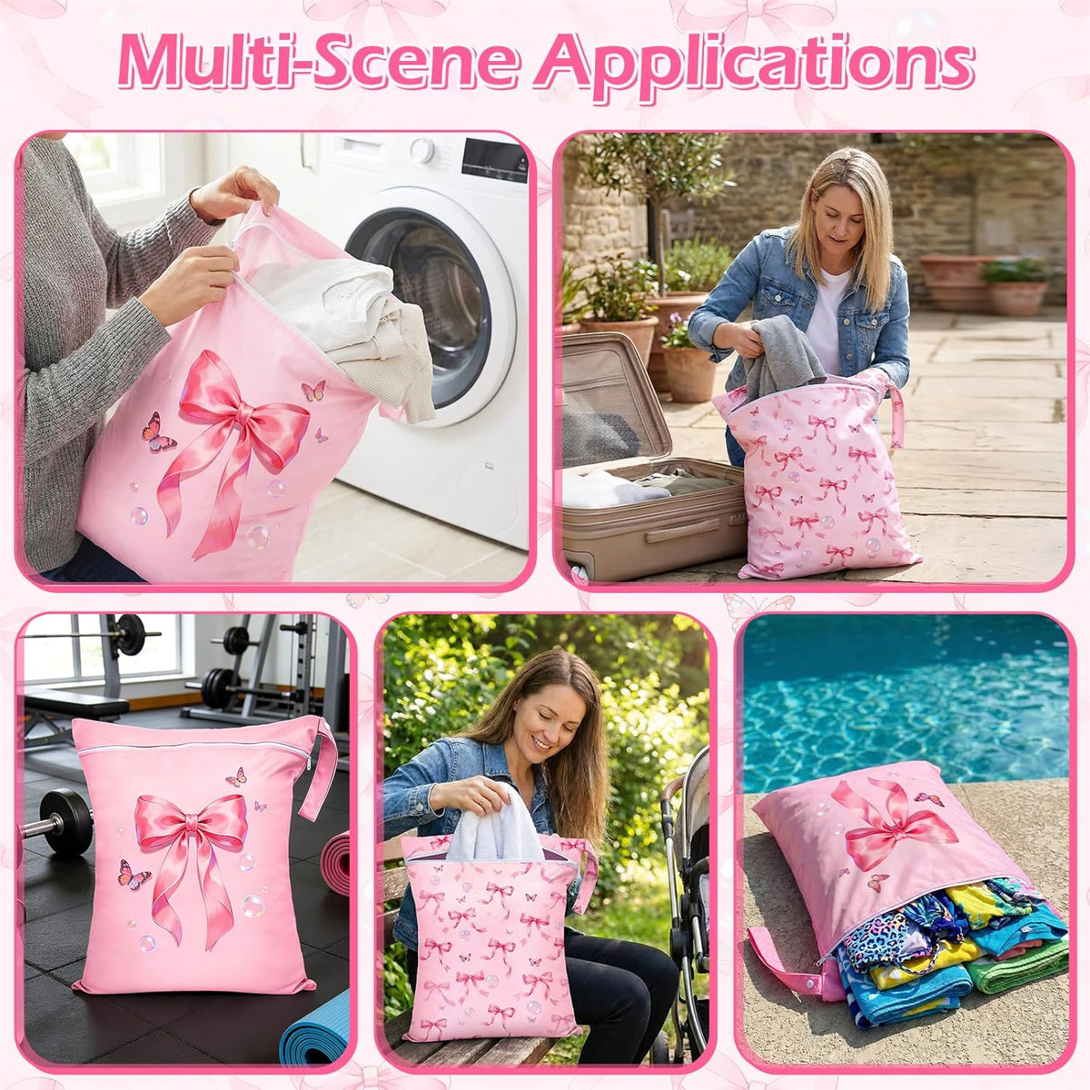 2 Pcs Large Travel Laundry Bags Waterproof Wet Dry Bag, Washable Dirty Clothes Bags for Travel，Drawstring, Bathing Suit, Workout, Gym Clothes Laundry, Swimming Pool & College Dorm, Pink Bow