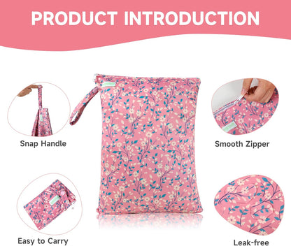 wegreeco Wet Dry Bag for Baby Swimsuit, Small Wet Dry Bag for Clothes Diaper and Breast Pump Parts, Large Baby bag for Travel,Gym Clothes,Beach,Pool,Extra Clothes (Chrysanthemum,2 Pack)