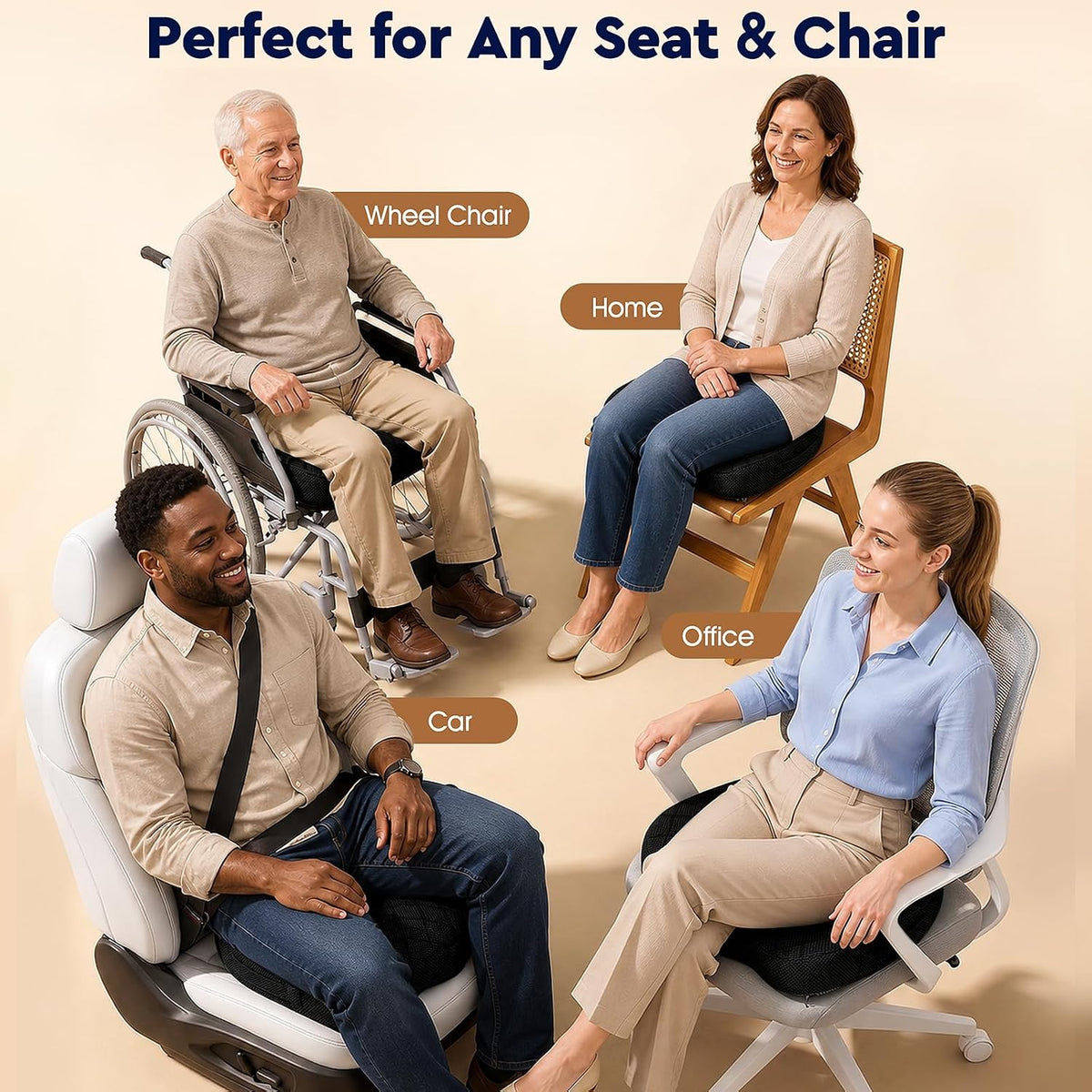 TushGuard Seat Cushion, Memory Foam Office Chair Cushion - Grey, Large