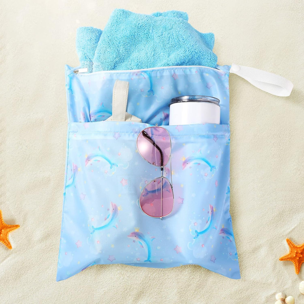 Frienda 4 Pack Wet Bags for Swimsuits, Waterproof Reusable Travel Wet Dry Bags with Zippered Pockets for Beach Pool Swimwear, Towels, Gym, Cloth Diapers, Summer Vacation Essentials(Nautical Style)