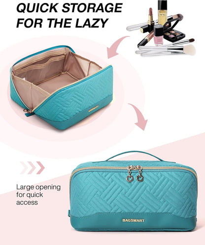BAGSMART Travel Makeup Bag for Women, Portable Water-resistant Cosmetic Case, Puffy Padded Make Up Organizer Pouch, Open Flat Toiletry Bag for Toiletries, Brushes, Black