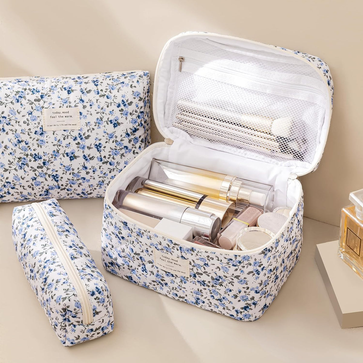 HBselect Quilted Makeup Bag, 3PCS Cotton Large Travel Makeup Bag, Cute Floral Coquette Make up Bag Cosmetic Bag Toiletry Bag for Women Girls - Colors A