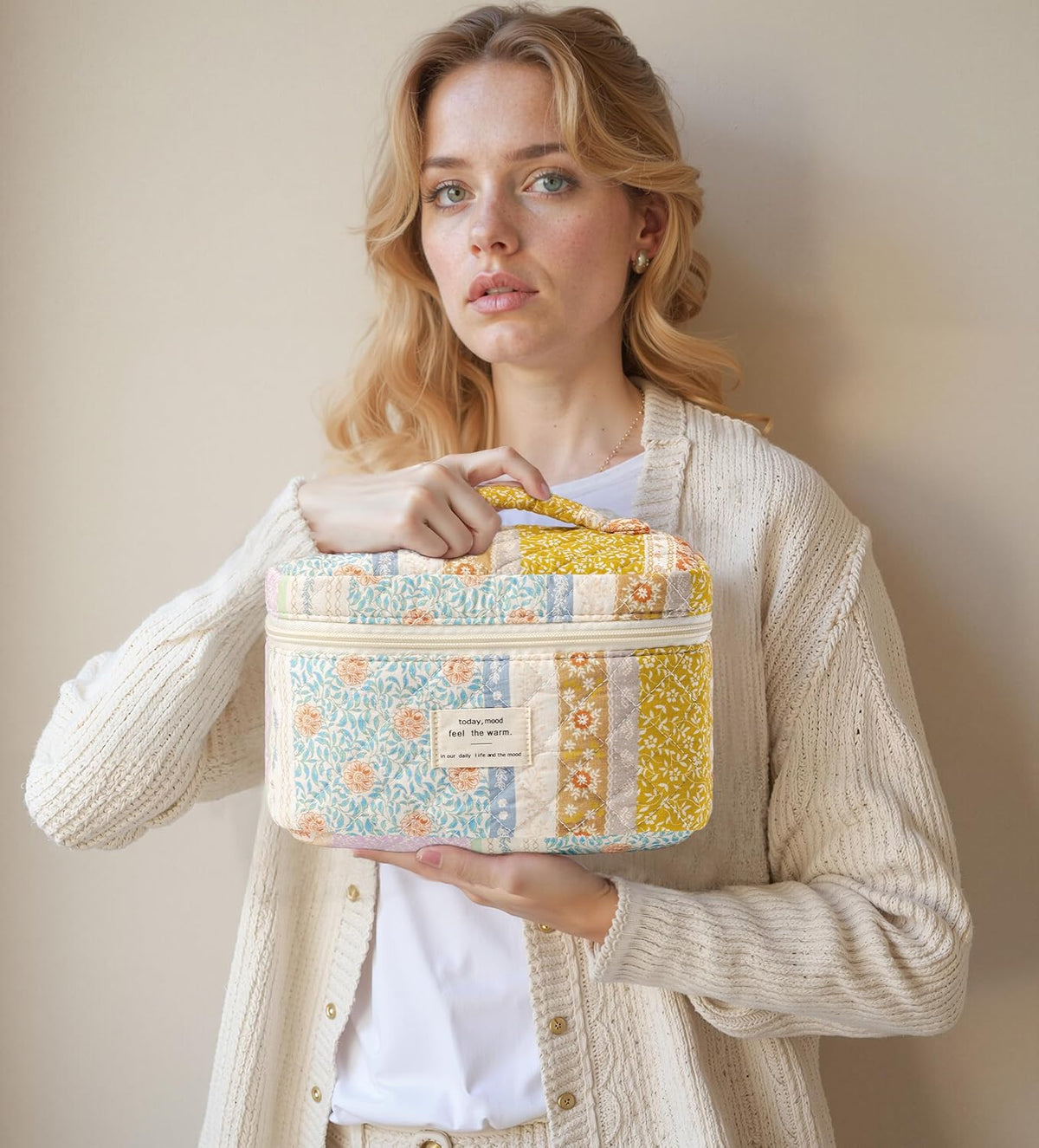 HBselect Quilted Makeup Bag, 3PCS Cotton Large Travel Makeup Bag, Cute Floral Coquette Make up Bag Cosmetic Bag Toiletry Bag for Women Girls - Colors B