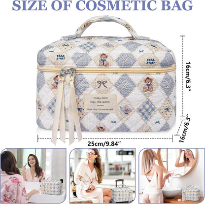 Gosect Large Makeup Bag, Cute Cosmetic Bag for Women Girls, Floral Coquette Aesthetic Toiletry Bag, Travel Make Up Organizer Bag (BDLH) - Colors A