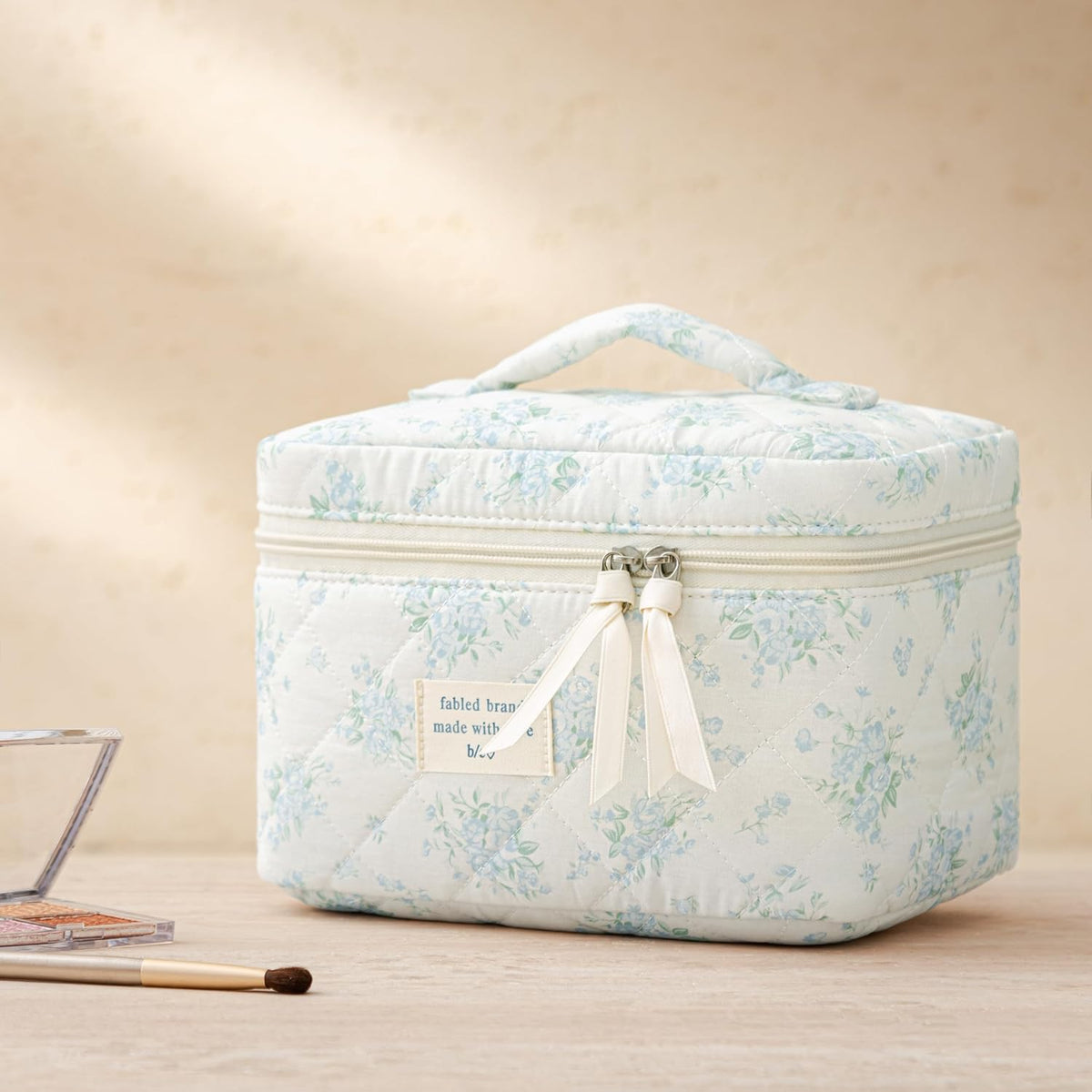 HBselect Quilted Makeup Bag, 3PCS Cotton Large Travel Makeup Bag, Cute Floral Coquette Make up Bag Cosmetic Bag Toiletry Bag for Women Girls - Colors B