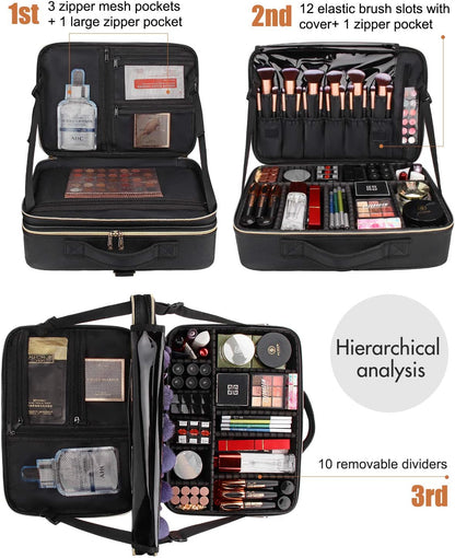 Relavel Travel Makeup Train Case Makeup Cosmetic Case Organizer Portable Artist Storage Bag with Adjustable Dividers for Cosmetics Makeup Brushes Toiletry Jewelry Digital Accessories Black